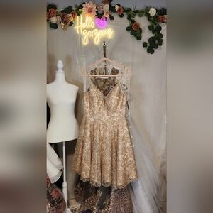 NWT Sz L Coya Collection CS2300  Champagne Gold Lace Fit & Flare Mini Dress